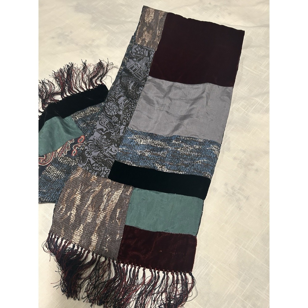 Vintage 90s Burnout Velvet & Silk Patchwork Scarf Fringed 57"x10" Boho Luxury - Picture 8 of 13